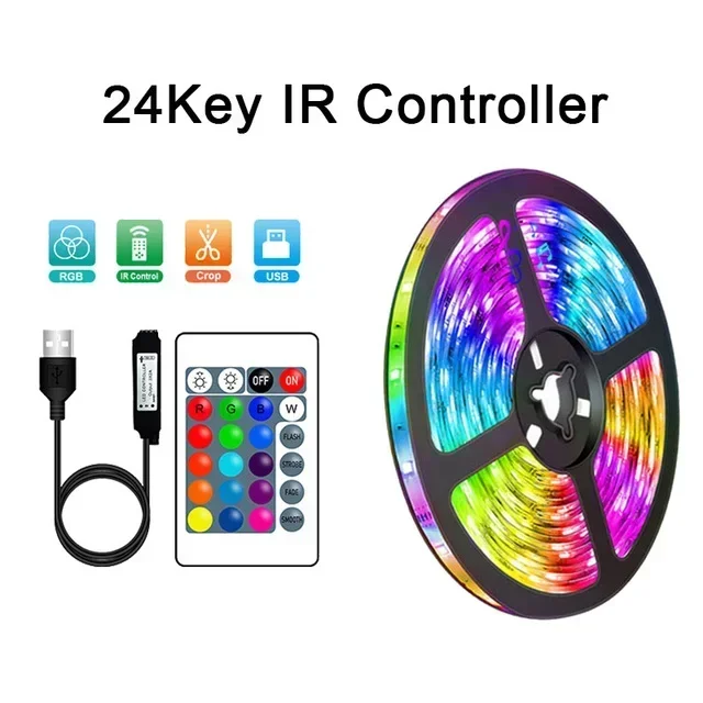 Tira de LED RGB USB de 5 V (controlador infrarrojo de 10 m), barra de luz LED flexible que cambia de color