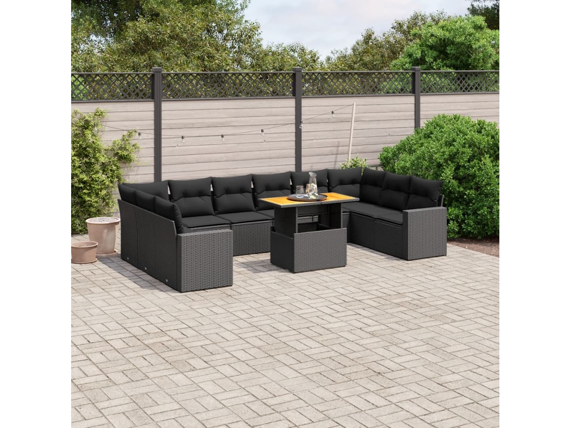 Conjunto de sofá de jardín de 11 piezas con cojines de mimbre sintético negro de DKD Home Decor