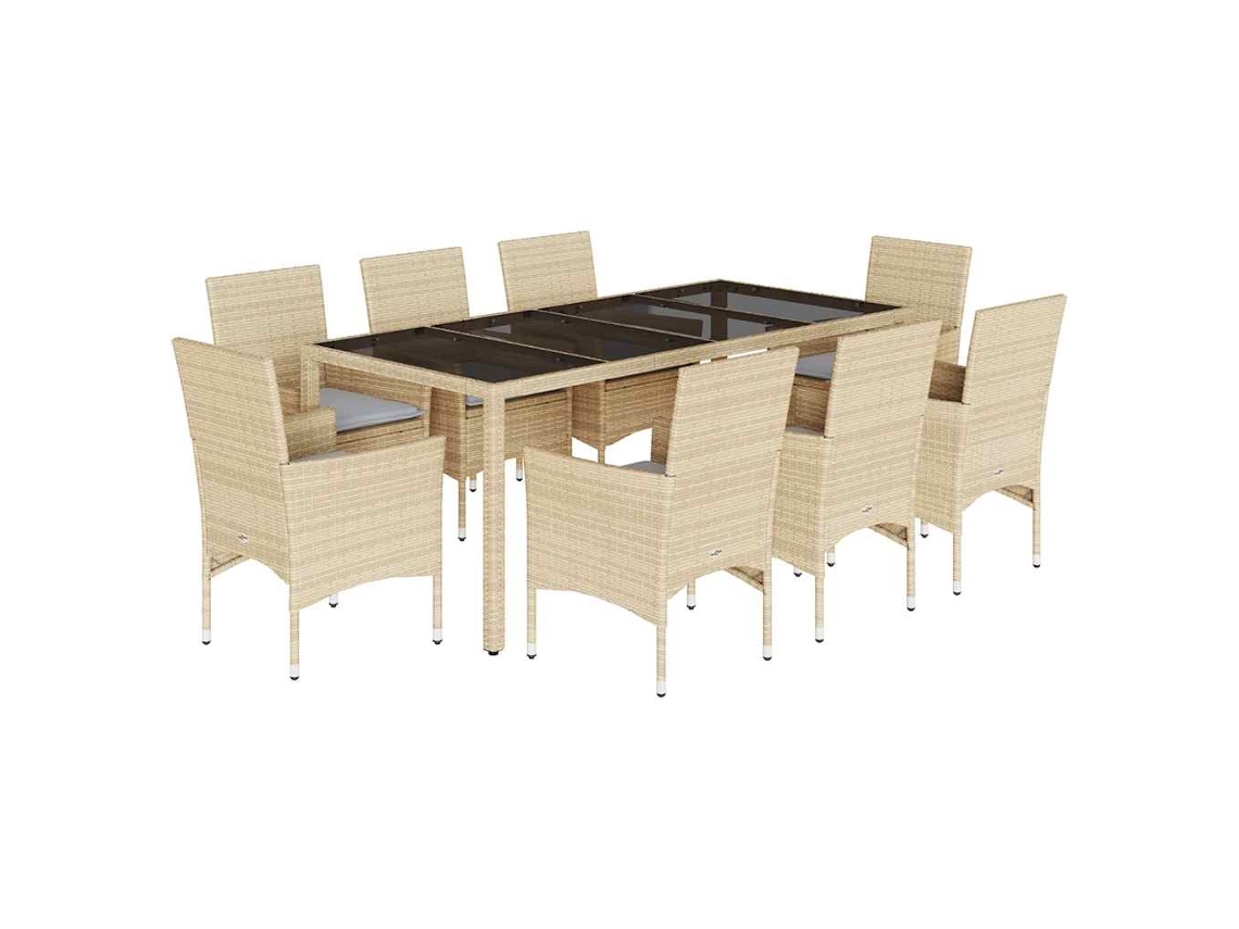 Juego de 9 juegos de comedor de jardín con cojines de mimbre, cristal/patas beige, EXCLUSIVO DE LA CASA
