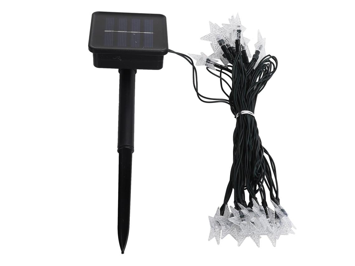 Cordão de luzes LED solares BJ de 5m com 8 modos de iluminação, formato de estrela e luz branca quente para decoração de festas no jardim.