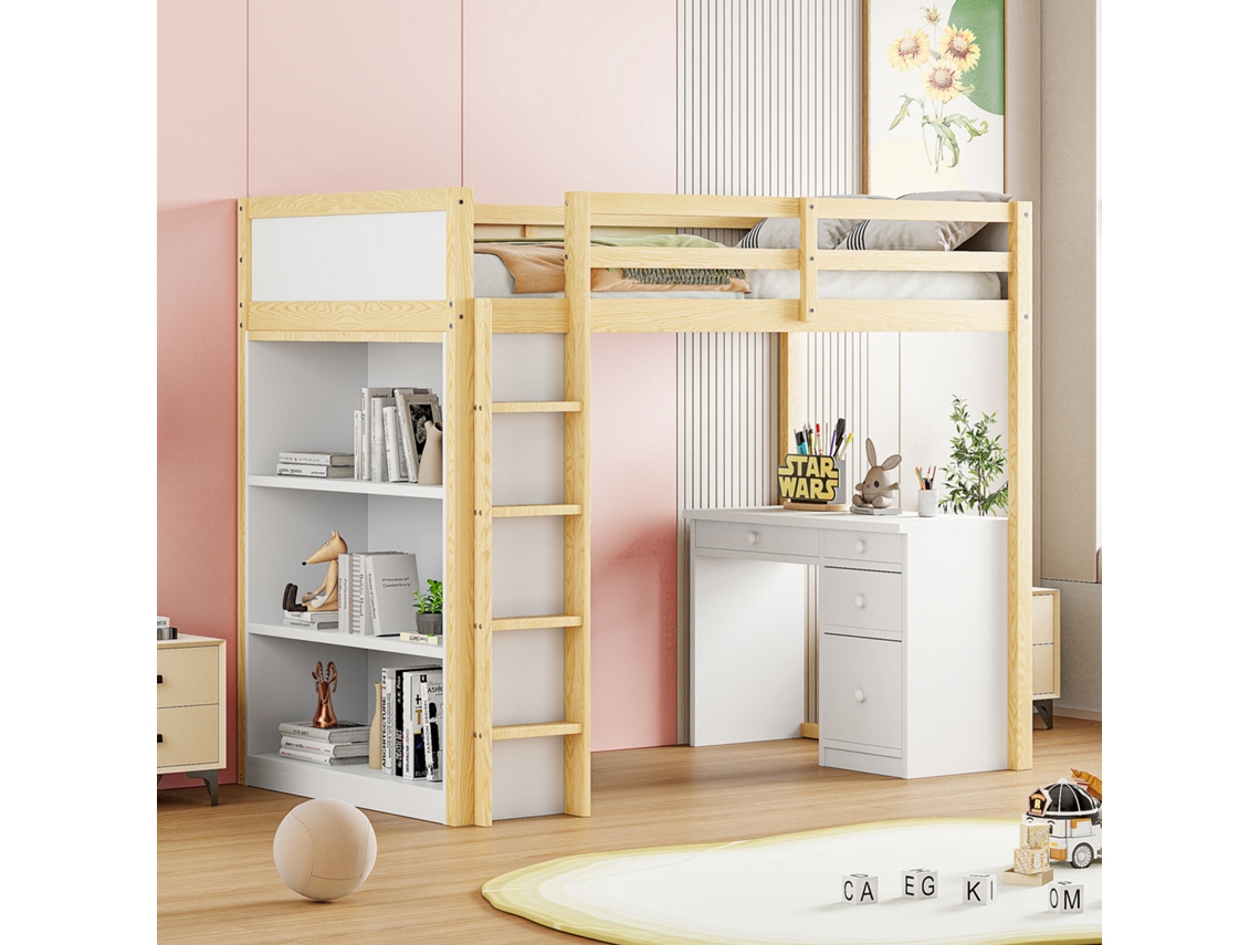 Cama alta 90x200 cm con armarios y escritorio, cama alta de madera multifuncional.