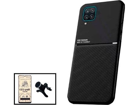 Kit Funda Magnetic Lux, Cristal Templado CeramicGlass Full Cover y Soporte Magnético de Coche Reforzado Samsung Galaxy A12 PHONECARE Negro