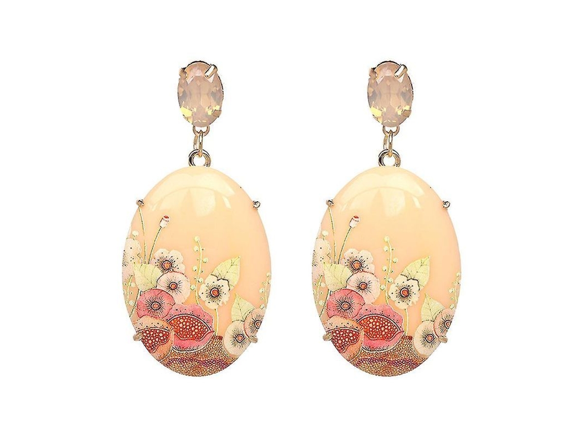 Pendientes Colgantes Ovalados De Resina Con Flor Y Diamantes De Imitación Para Mujer, Estilo Elegante Beige, Par (h-3)