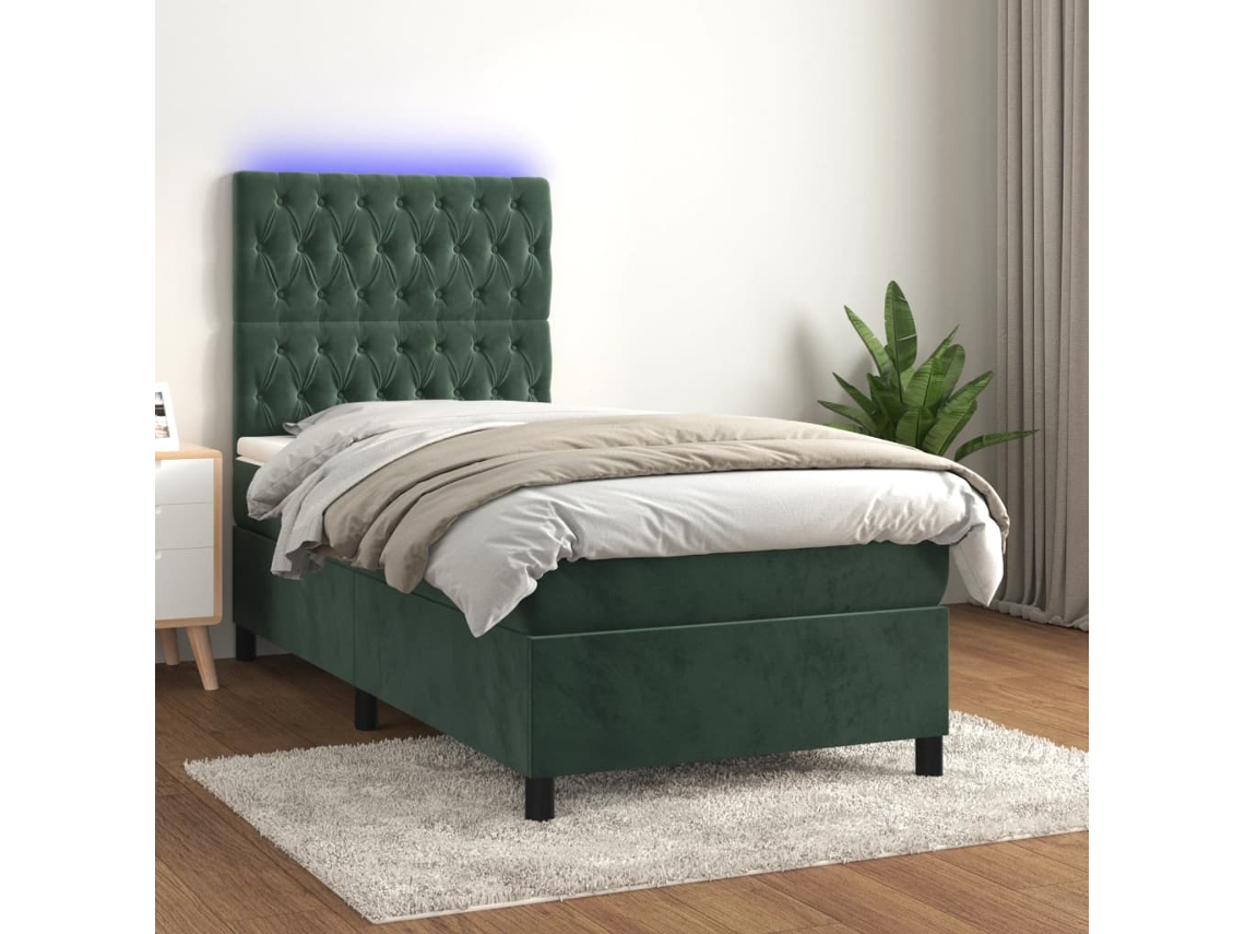 Cama Box Spring Colchón Y Led Terciopelo Verde Oscuro 100x200cm
