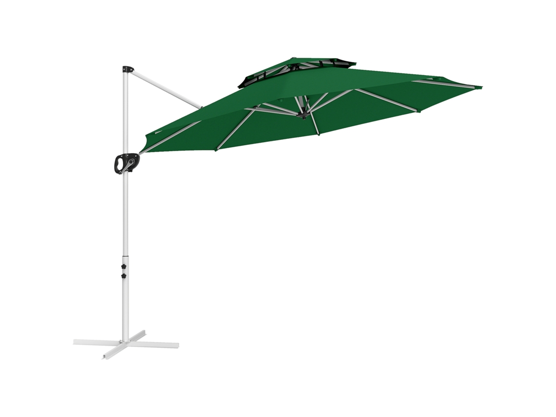 Sombrilla Descentrada Ø292 Cm, Manivela De Inclinación De 360°, Doble Toldo, Verde Oscuro.