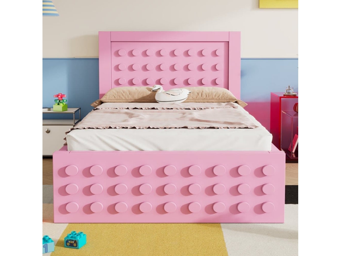 Cama 90x200 Cm, Diseño Bloques, Madera Maciza, Somier, Cajones, Almacenaje Inferior, Rosa