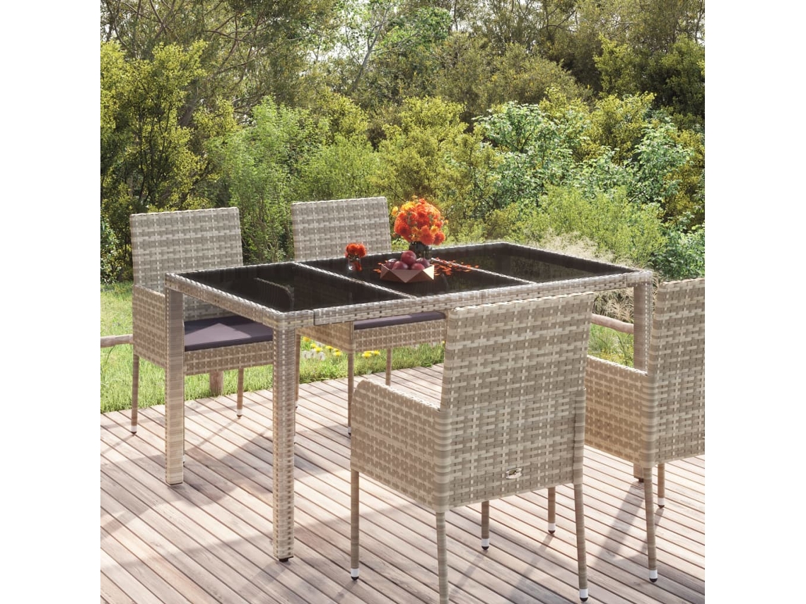 Mesa de jardín LOVELY HOME con tapa de vidrio y patas de mimbre en color gris (150 x 90 x 75 cm)