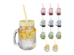 Relaxdays Jarras Con Tapa Y Pajita, Set De 12 Jarritas Limonada, 500 Ml, Vasos Retro Veraniegos Con Asa, Multicolor