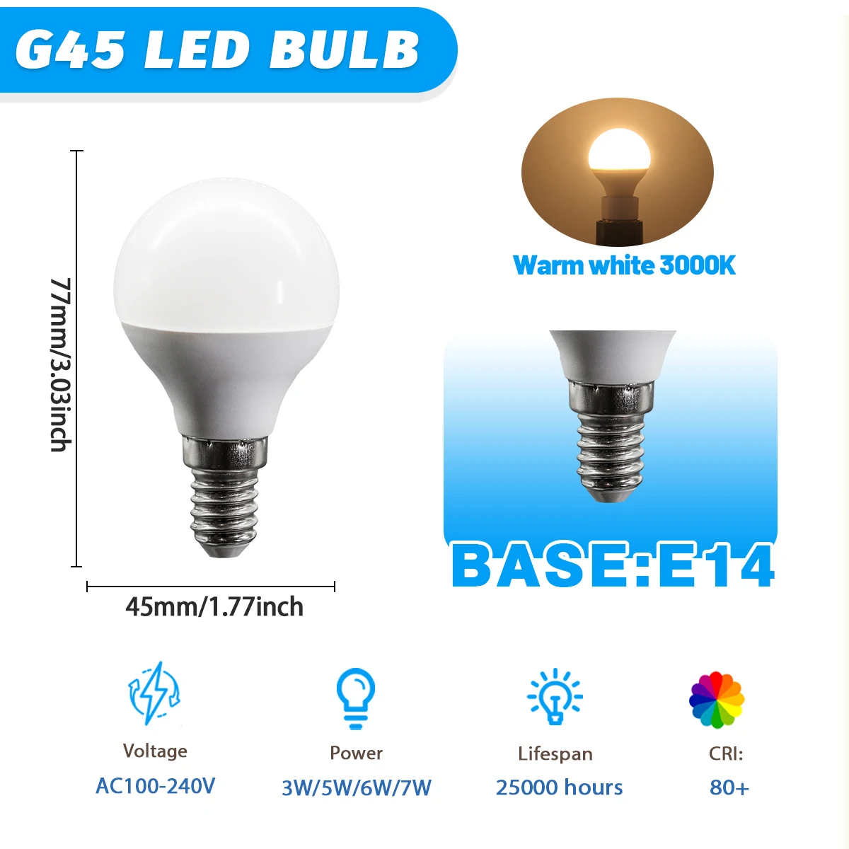 (e14 3000k, 3w) Paquete De 4 Bombillas Led Mini G45, Sin Parpadeo, De Bajo Consumo Para Uso Doméstico.