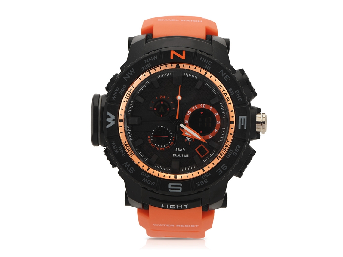 Reloj multifuncional para hombre con doble pantalla analógica y digital y brazalete redondo naranja.