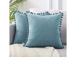 2026-fundas De Almohadas Decorativas De Terciopelo Suave Con Pompones 18x18 Pulgadas Paquete De 2 Azul Claro