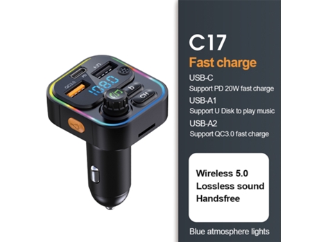 Cargador de teléfono para automóvil Carga rápida 3.0 PD Cargador de automóvil USB U Disco Reproductor de MP3 Bluetooth 5.0 Adaptador de transmisor ...