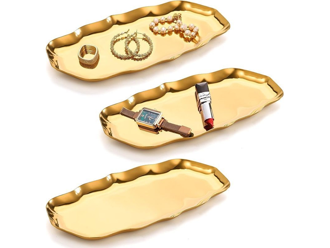 2026-48590-set De 3 Bandejas Decorativas De Acero Inoxidable, Bandeja Para Perfume, Bandeja De Tocador (oro)