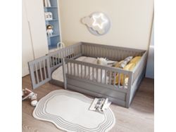 Cama Infantil De 140x200 Cm, De Madera Gris Con Barandillas Y Puerta.