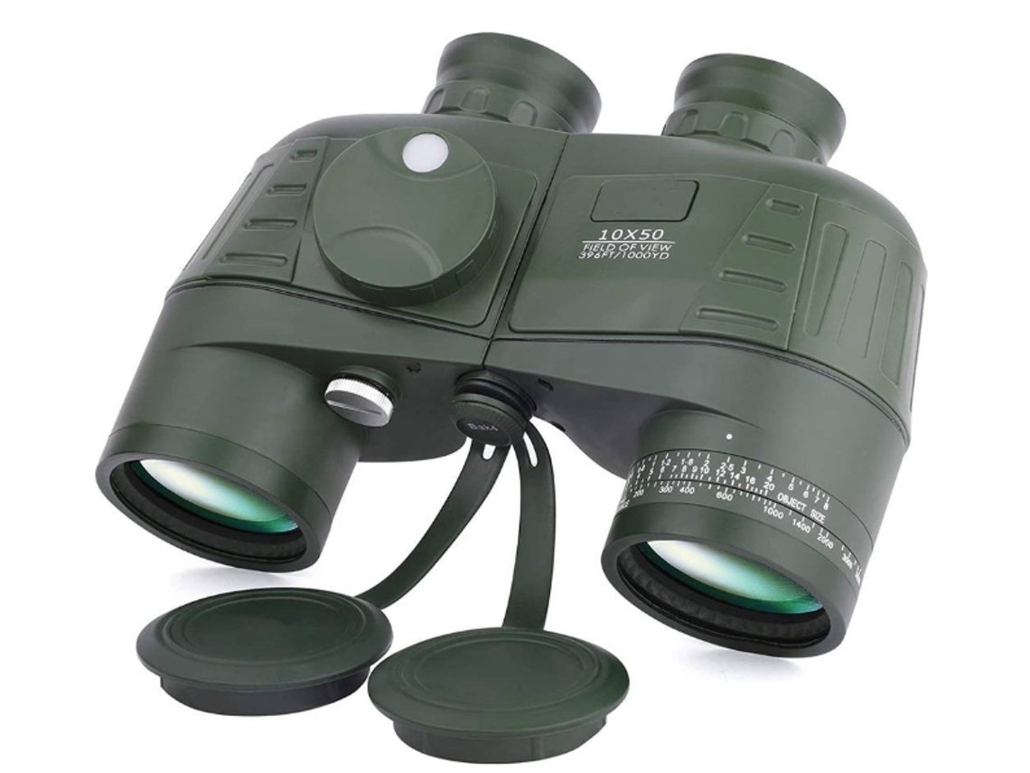 Binoculares marinos 10x50 IP68 con brújula, telémetro y prisma Bak4, navegación militar, color verde militar, Yizhood