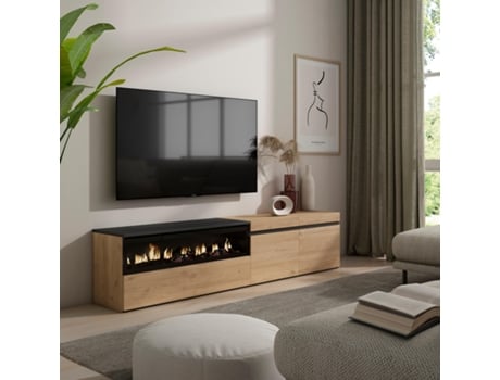 Mueble TV Televisión 200x45x35cm Para TV hasta 80 Chimenea eléctrica Roble y negro