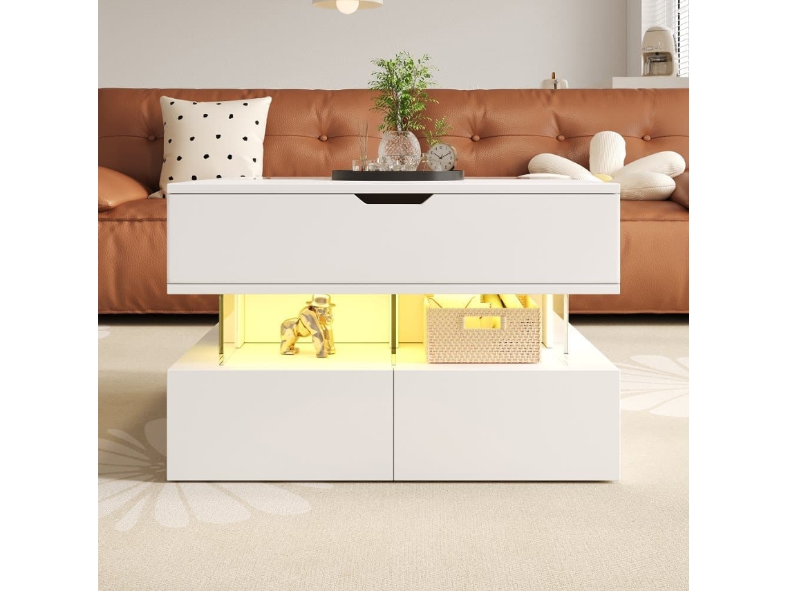 Mesa De Centro Elevable 16 Colores - Vidrio, Soportes Acrílicos - Blanco