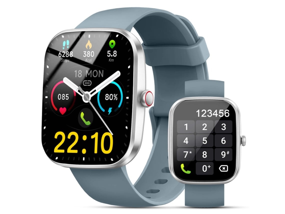 Reloj inteligente Yunzii con llamadas Bluetooth, actualizaciones meteorológicas, monitorización de frecuencia cardíaca y presión arterial, y contador de pasos.