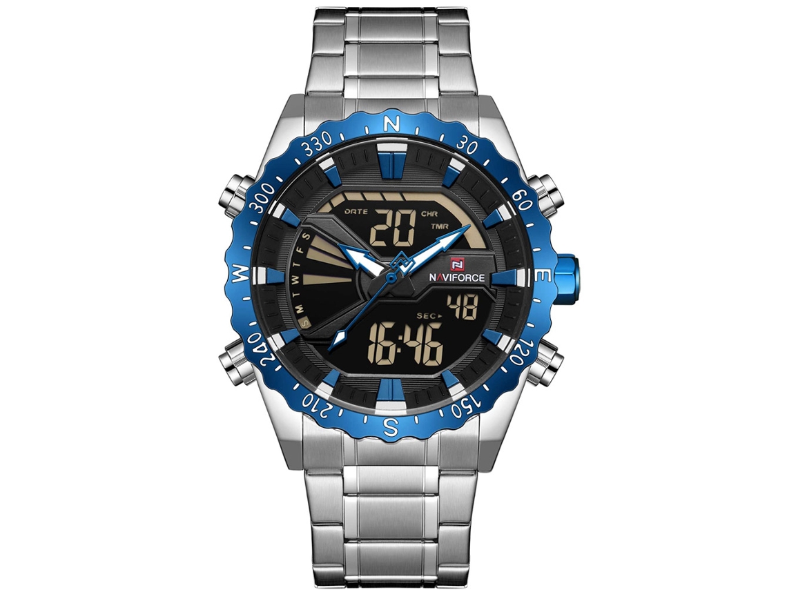 Reloj De Pulsera Naviforce Para Hombre, De Acero Inoxidable, Resistente Al Agua, Con Calendario, Blanco Y Azul.