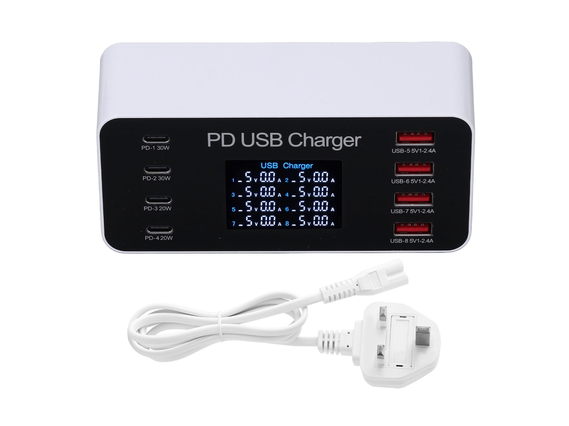 Estación De Carga Usb De 8 Puertos Y 65 W Con Pantalla Lcd Pd30w Qc3.0 Para Ios Macbook Galaxy Enchufe Británico