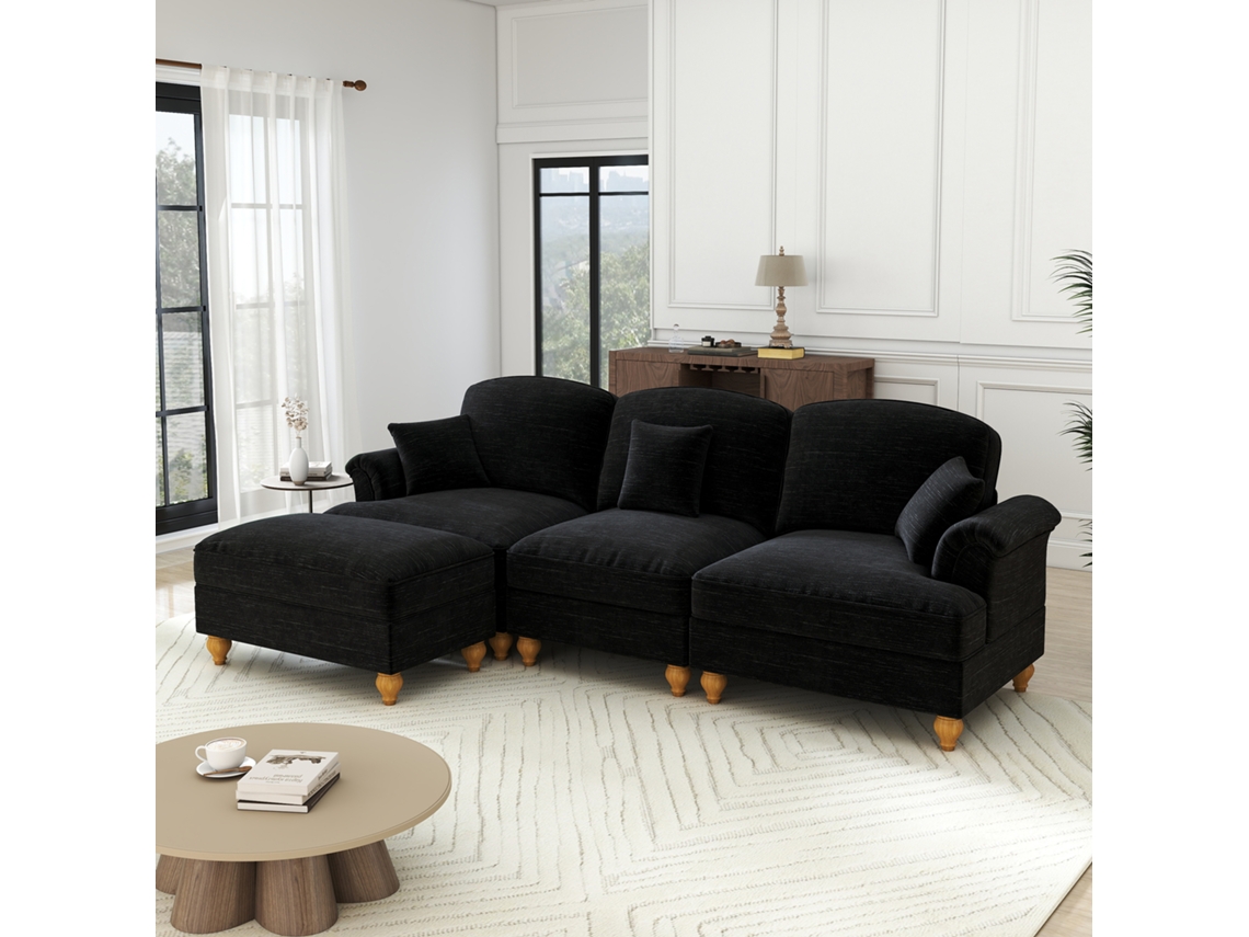 Sofá Modular L 3 Plazas - Estilo Mid-century, Chenilla, Brazos Cónicos, Otomana Móvil - Negro