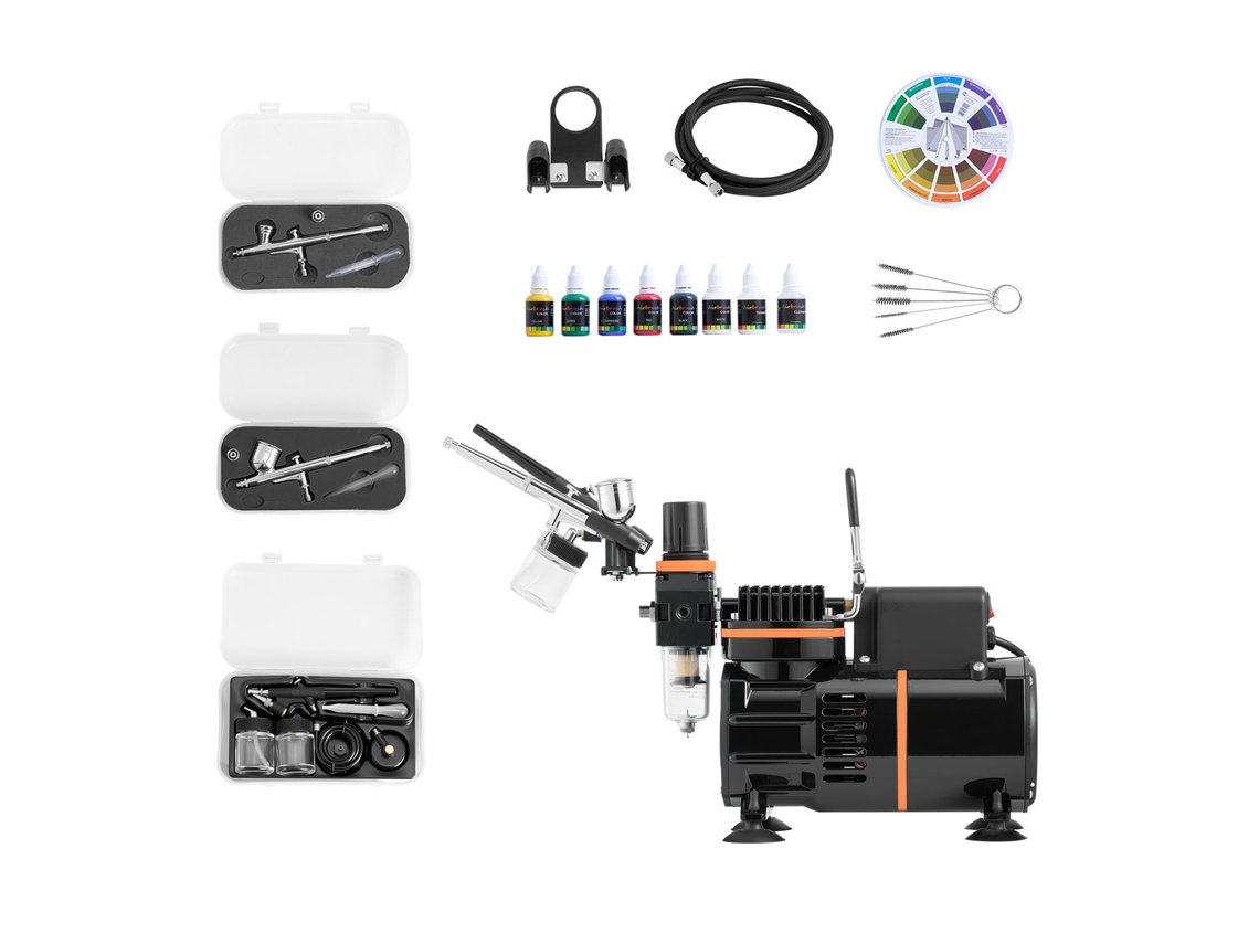 Kit de aerógrafo Succebuy con compresor de aire de 1/6 HP, 3 pistolas pulverizadoras y 3 boquillas