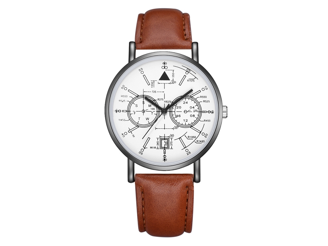 Reloj De Pulsera De Cuero Pu Con Dial Redondo Y Patrón Matemático Moda (marrón Oscuro)
