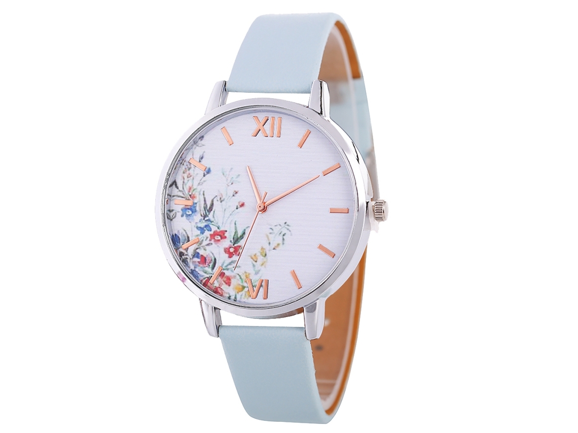 Reloj De Cuarzo Para Mujer Con Correa De Piel Sintética Y Esfera Floral (azul Claro)