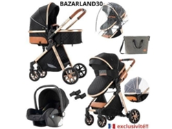 Bazarland30. Carrito 3 En 1 Bebé Combinado Silla De Auto Nacelle Trio Reversible Ajustable Alta Calidad Ruedas Inquebrantables Cana. Negro