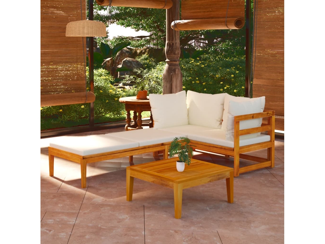 Conjunto de jardín de 3 piezas con cojines de acacia blanca y crema de DKD Home Decor