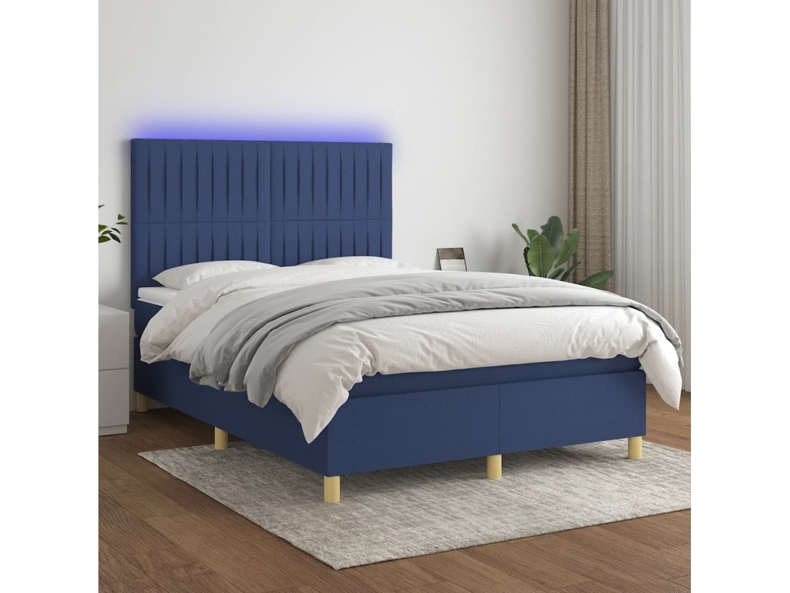 Cama Box Spring Colchón Y Luces Led Tela Azul 140x200 Cm