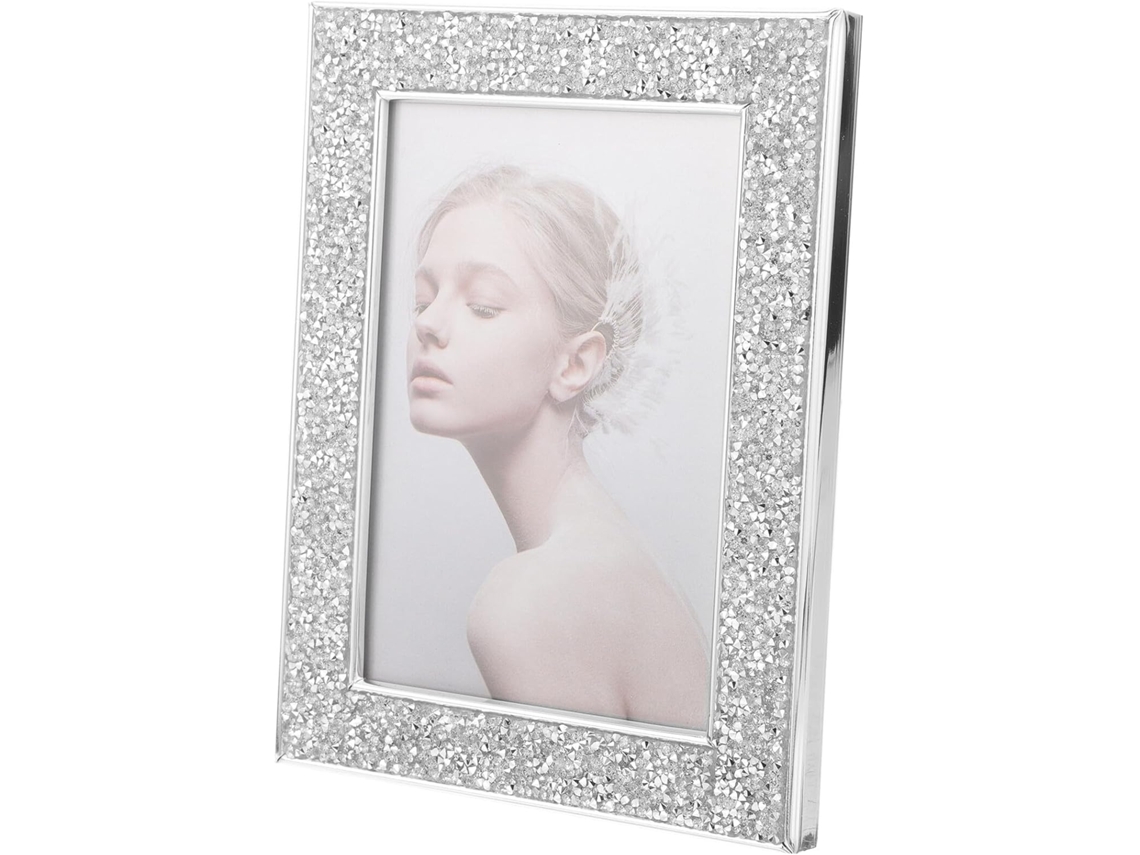 Marco Fotos Metal Plateado Brillante Diamantes Imitación Formato 5 Pulgadas Elegante Escritorio Decoración