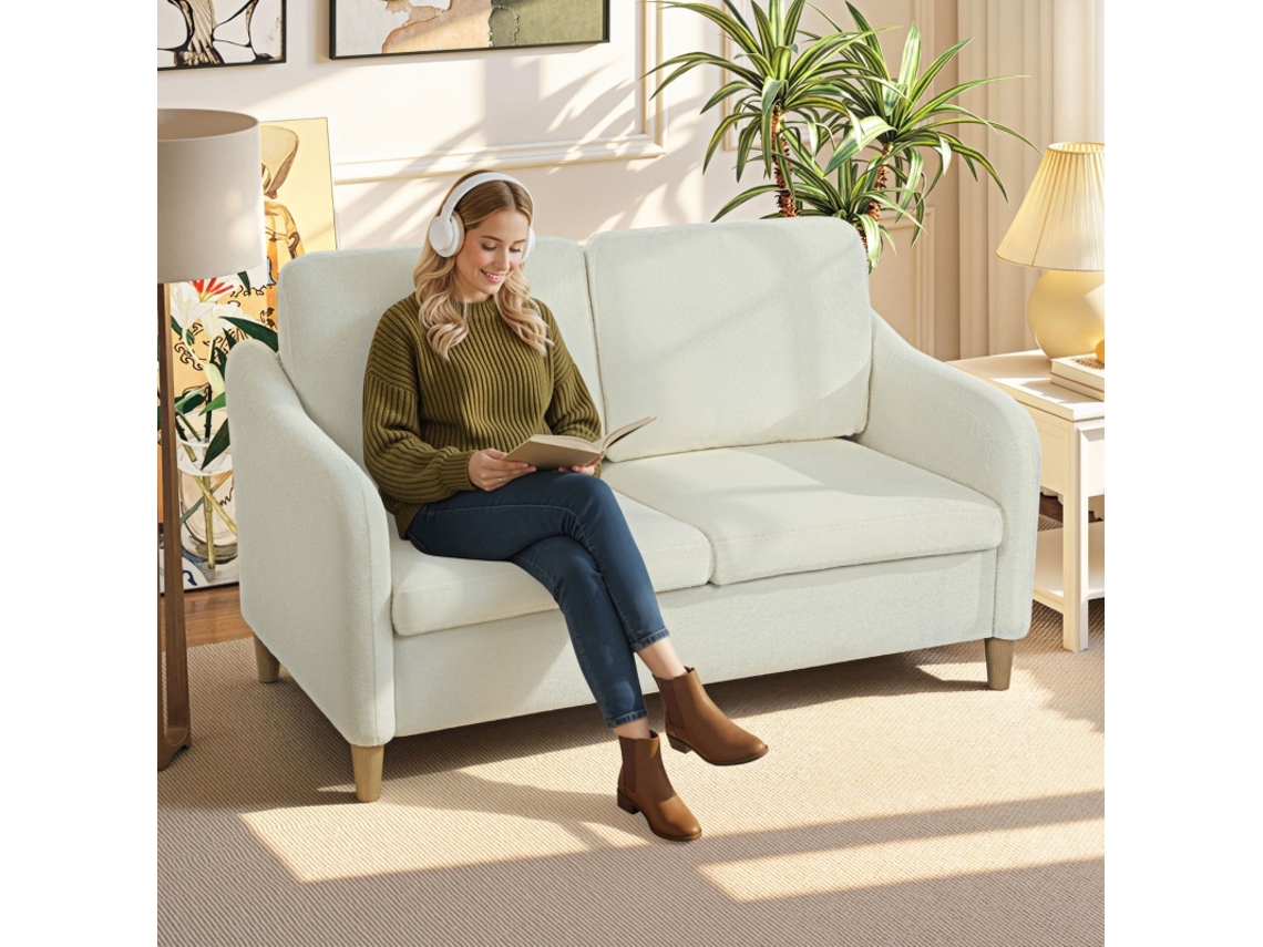 Sofá pequeño de 2 plazas con aspecto de felpa tipo sherpa, de 137 cm, para salón, color blanco crema.