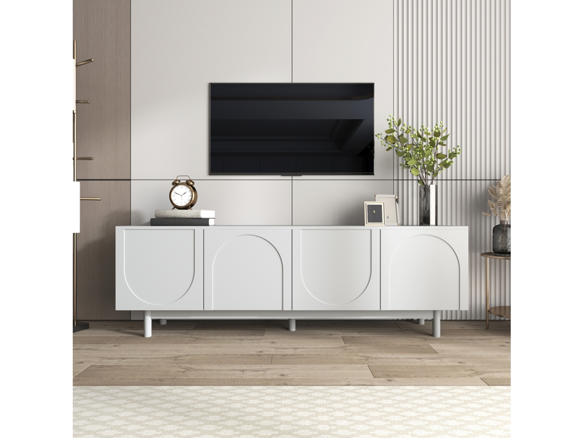 Mueble Para Tv Blanco, 175 X 38 X 56 Cm, 4 Puertas Sin Tiradores, Estantes Ajustables, Estilo Lujo Moderno