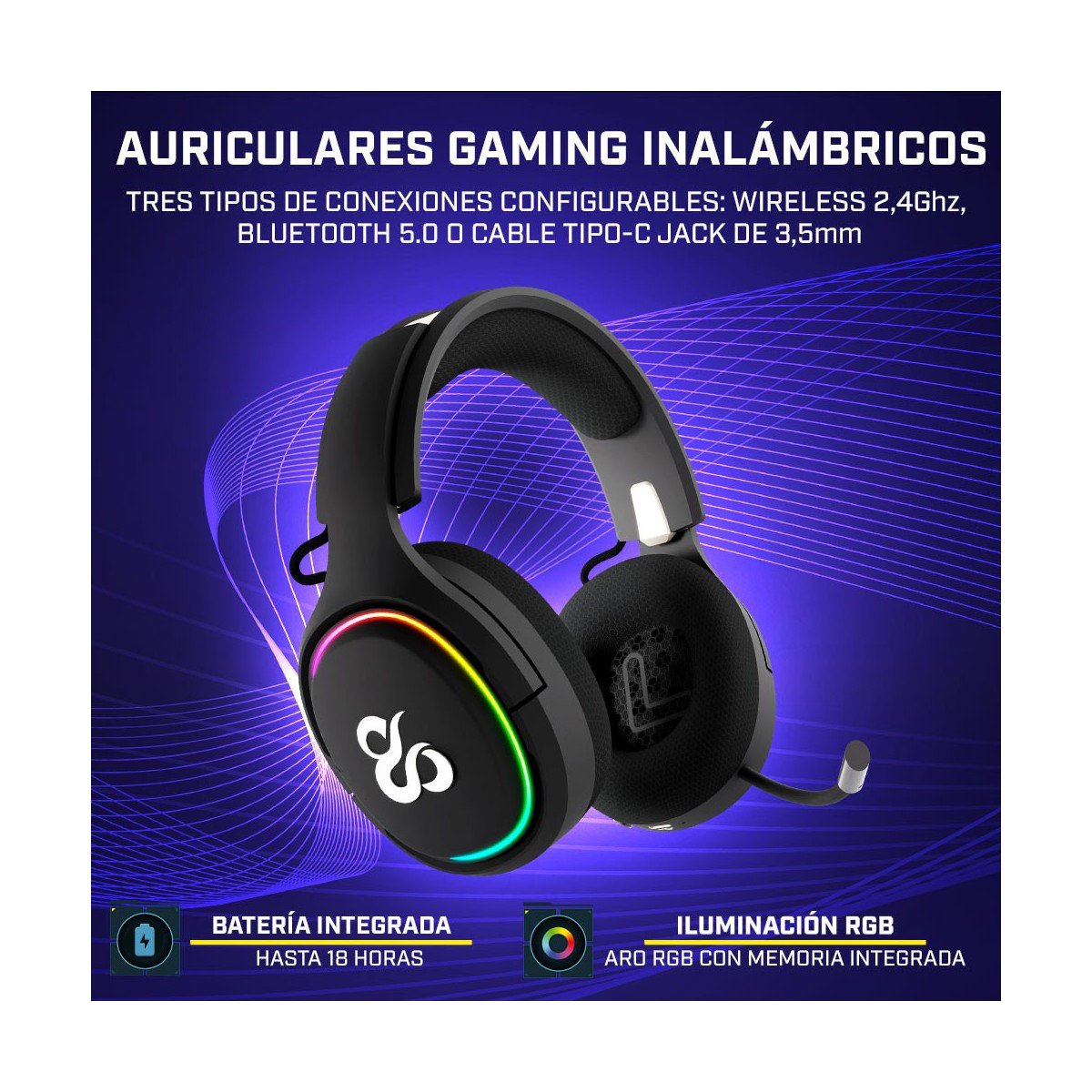 Auriculares Gaming NEWSKILL Aton Black, Inalámbricos RGB, 2.4Ghz, Bluetooth 5.0, Multiplataforma