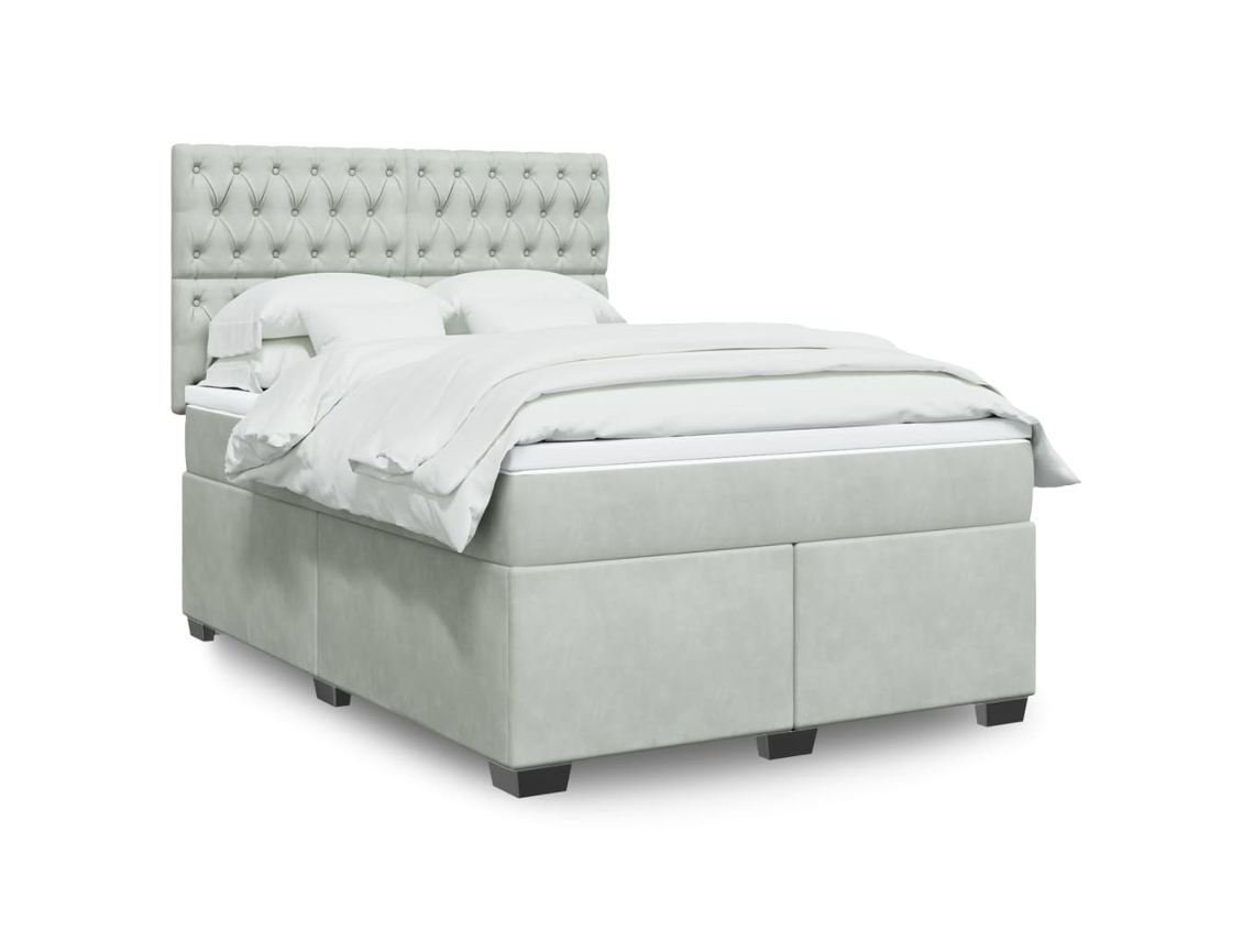 Cama Box Spring Con Colchón Terciopelo Gris Claro 140x190 Cm