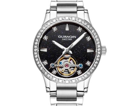 VEANXIN Reloj de pulsera impermeable Tourbillon con esfera de diamante automático para mujer-Plata Negro-2