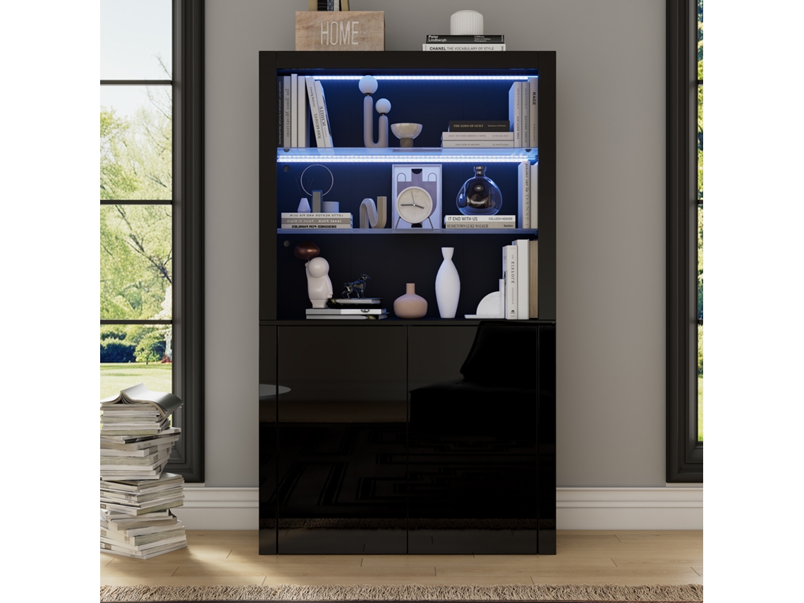 Vitrina LED de alto brillo, 170 cm, 2 estantes de cristal, 2 armarios, negra, ZACHARY