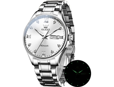 VEANXIN Reloj automático para hombre Calendario mecánico Reloj de negocios de acero inoxidable luminoso resistente al agua(Blanco plateado)