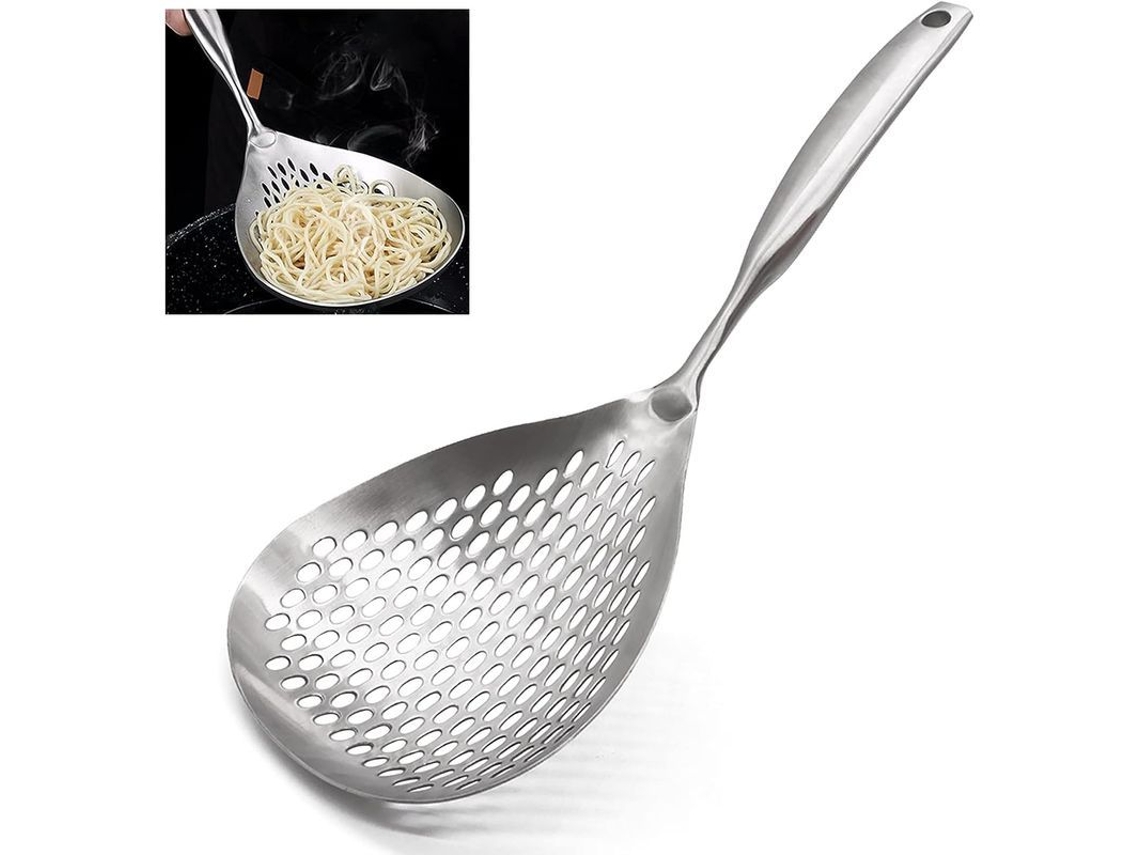 Escurridor Rebe de acero inoxidable 304, ideal para freír y cocinar, con mango ergonómico.
