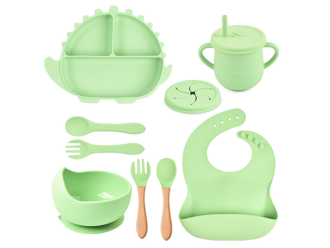 Conjunto De Louça Infantil/para Bebês Yuysan Em Silicone Em Forma De Dinossauro, 9 Peças Verdey3)