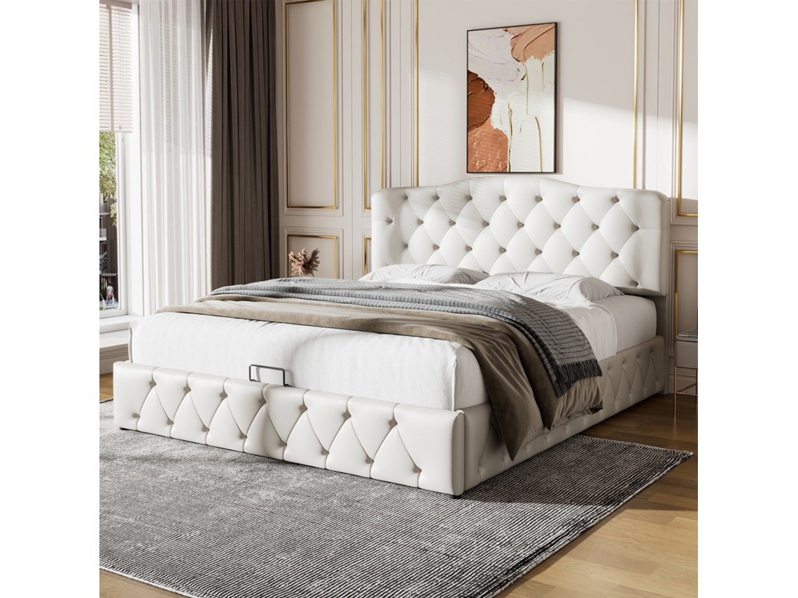 Cama Con Arcón 140x200 Cm En Piel Sintética - Con Cabecero Ajustable - Blanco