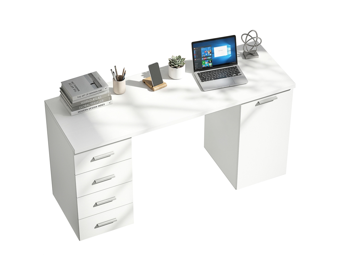 Escritorio para ordenador con 4 cajones y armario, 140 cm, madera blanca.