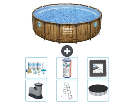 Piscina BESTWAY Round Power Steel Swim Vista - Impresión en madera - 488 x 122 - Incluye bomba - Escalera - Cubierta Accesorios CB31