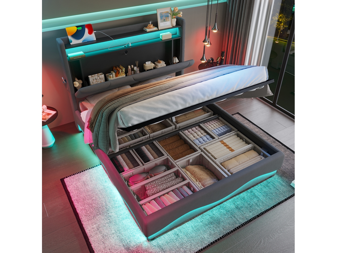 Cama tapizada moderna de 140x200cm con LED, USB, bolsillos laterales, somier de láminas y resorte de gas VOLTEDGE