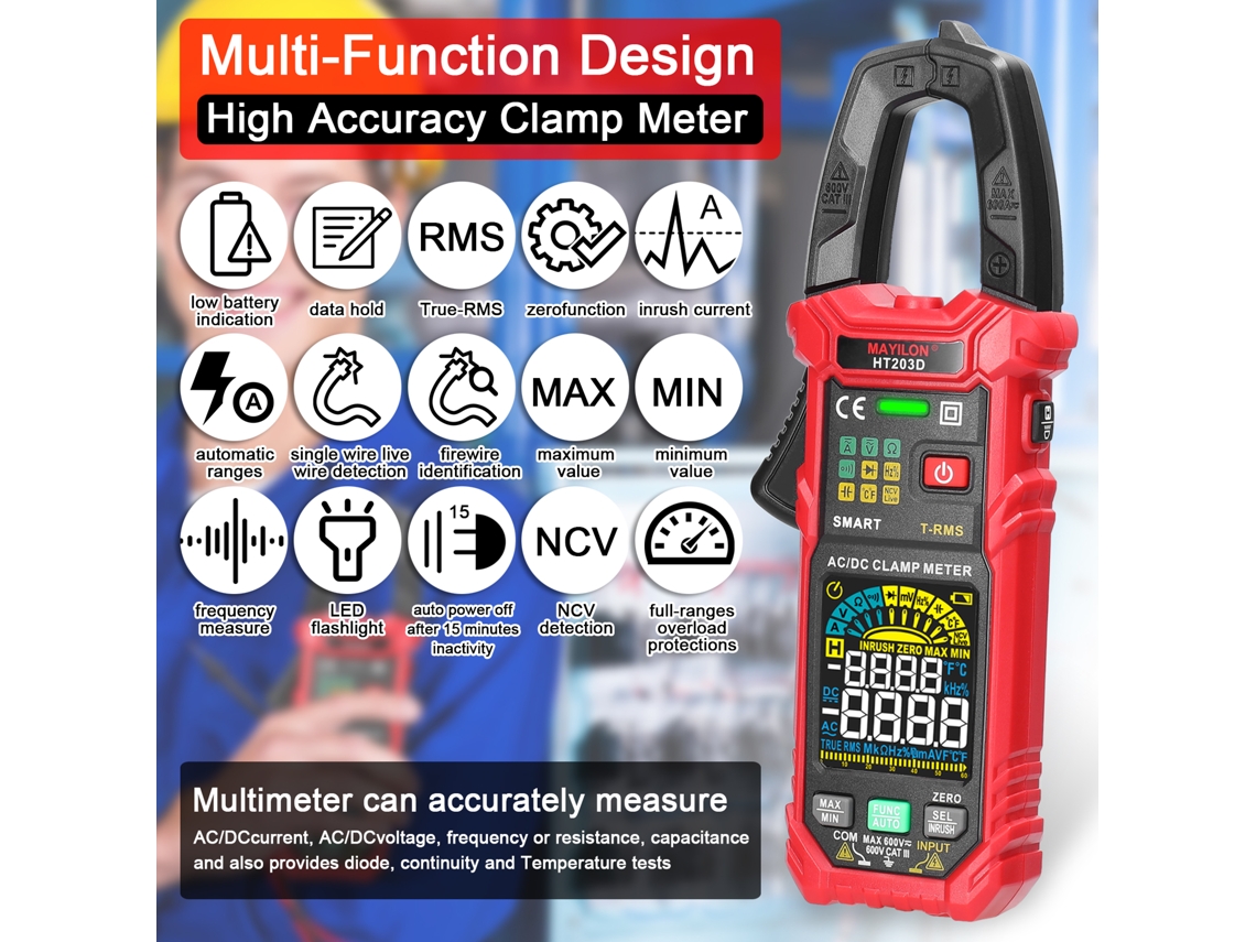 Multímetro Digital Mayilon Con Asa, True Rms, 6000 Cuentas, 600 V Ncv, Mide Voltaje, Corriente, Resistencia, Capacitancia Y Temperatura.