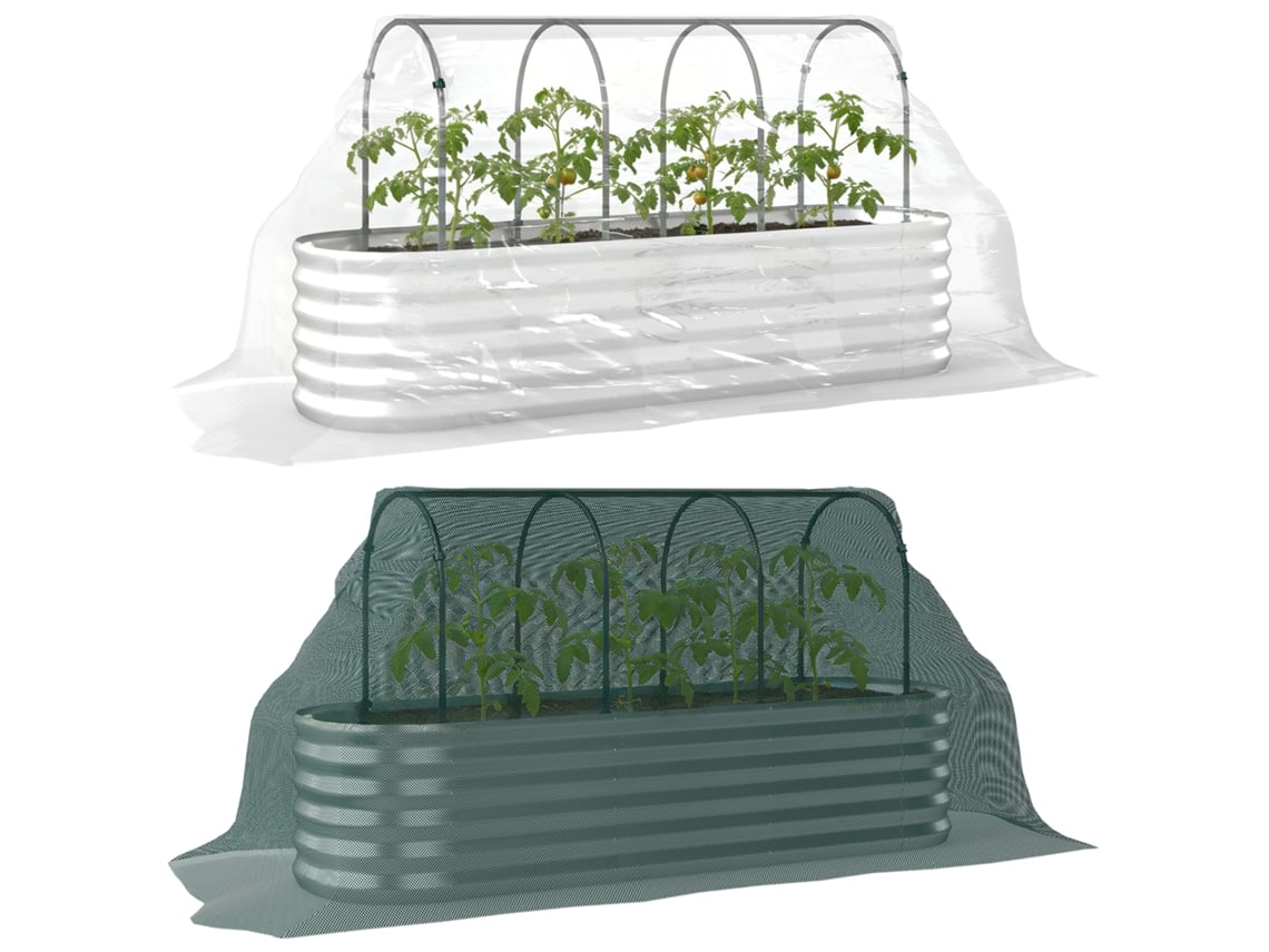 Maceta grande con cubierta de invernadero y rejilla inferior abierta para terraza o jardín, 200x60x103 cm, color plata.