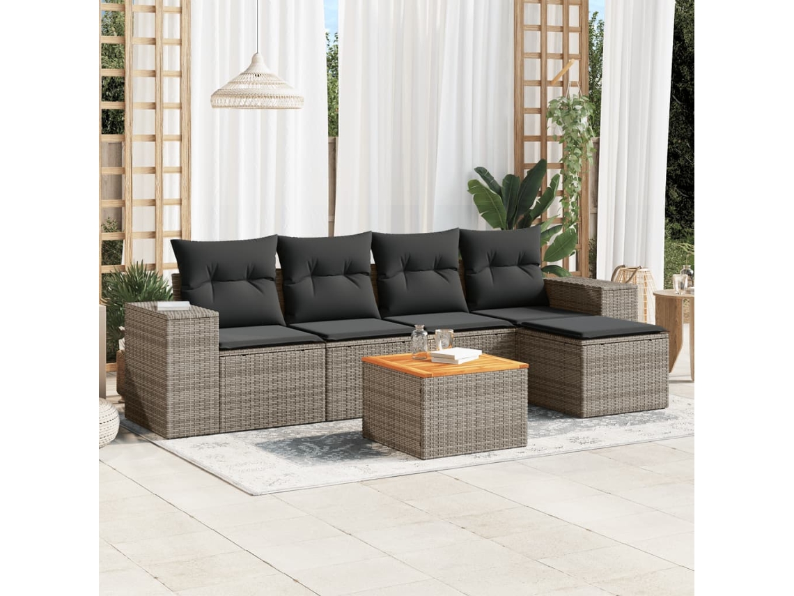 Conjunto de sofá de jardín de 6 piezas con cojines de mimbre gris, Dkd Home Decor