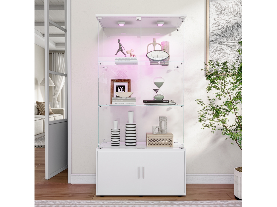 Vitrina De Cristal Con Luz Led De Paso, Cerradura Y Cristal Templado, Vitrina De 3 Niveles Para Salón O Dormitorio, 78x35x164cm, Blanca