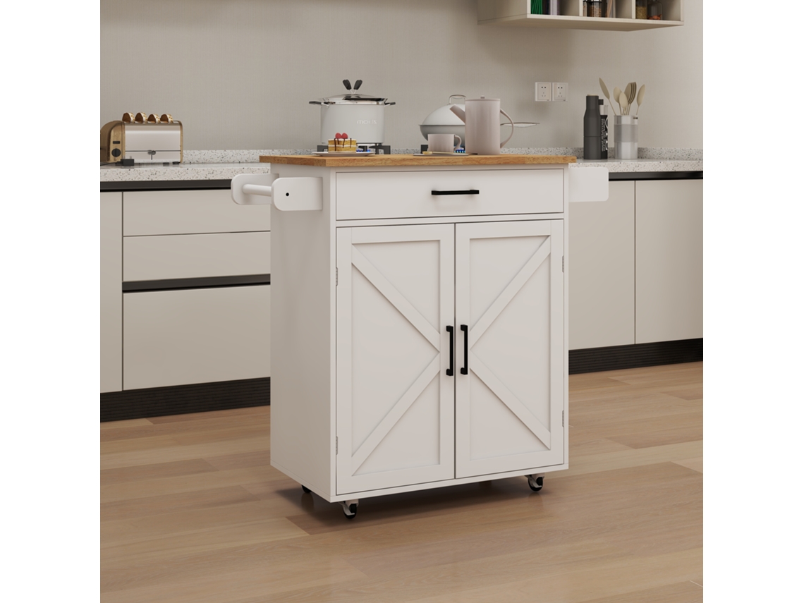 Carrito Con Ruedas Para Isla De Cocina Con Estantes Ajustables, Toallero Y Estante Para Condimentos, Tablero De Madera De Caucho, Color Blanco